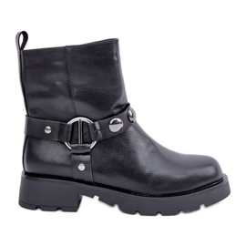 Bottines isolées à talon plat et brides décoratives noires le noir Bottines isolées à talon plat et brides décoratives noires le noir