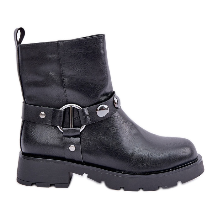 Bottines isolées à talon plat et brides décoratives noires le noir