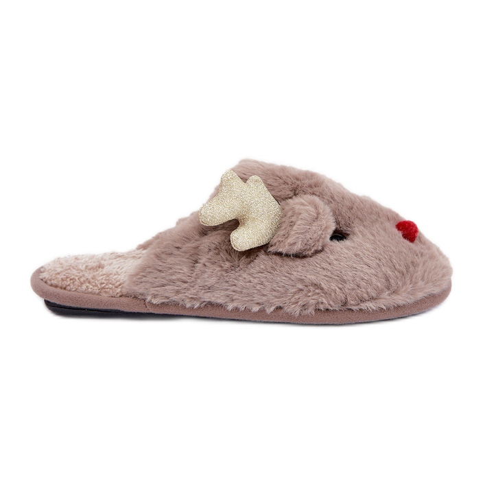 Chaussons de Noël à motif renne, fourrure, beige foncé Chaussons de Noël à motif renne, fourrure, beige foncé