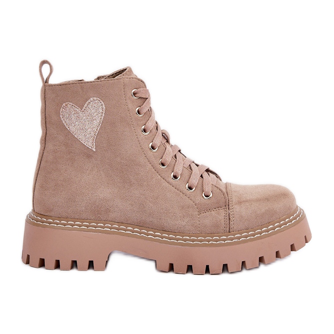 Bottines femme avec coeur pailleté, beige foncé