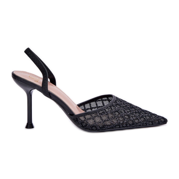 Escarpins hauts à talon ouvert décorés de paillettes noires le noir