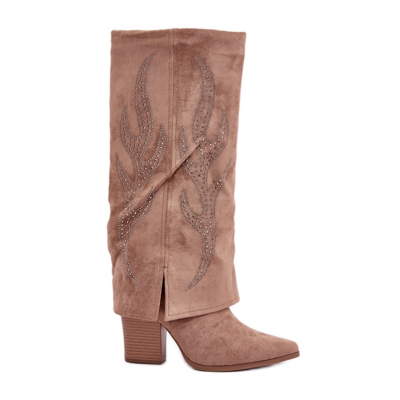 Bottines décorées beige foncé avec tige retroussée sur talon haut Bottines décorées beige foncé avec tige retroussée sur talon haut