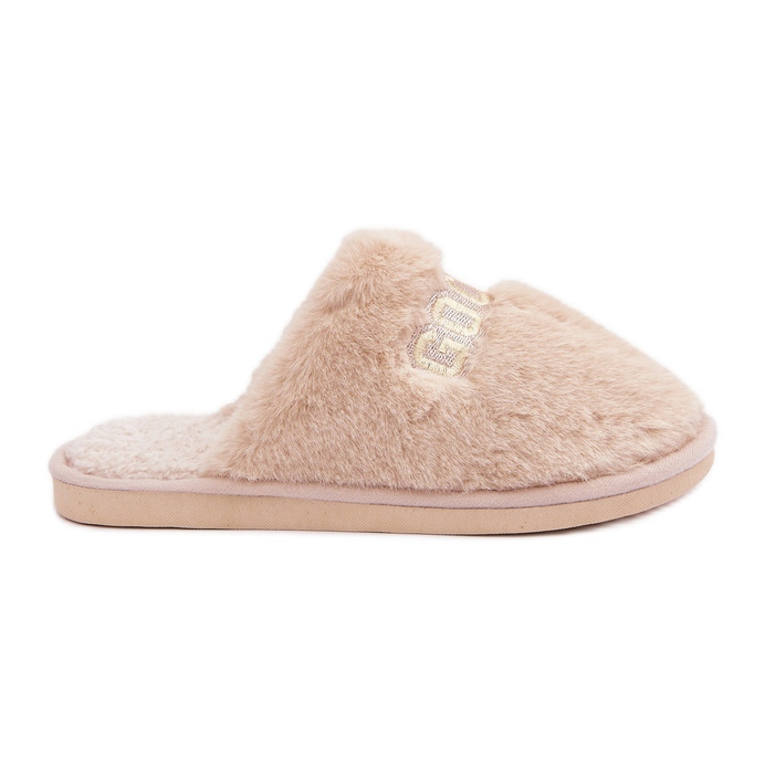 Chaussons femme avec fourrure et inscription, beige