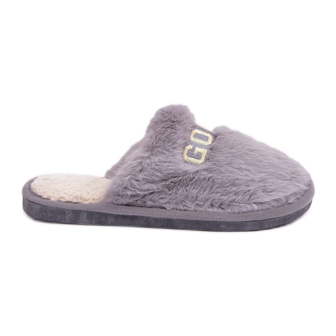 Chaussons femme avec fourrure et inscription, gris