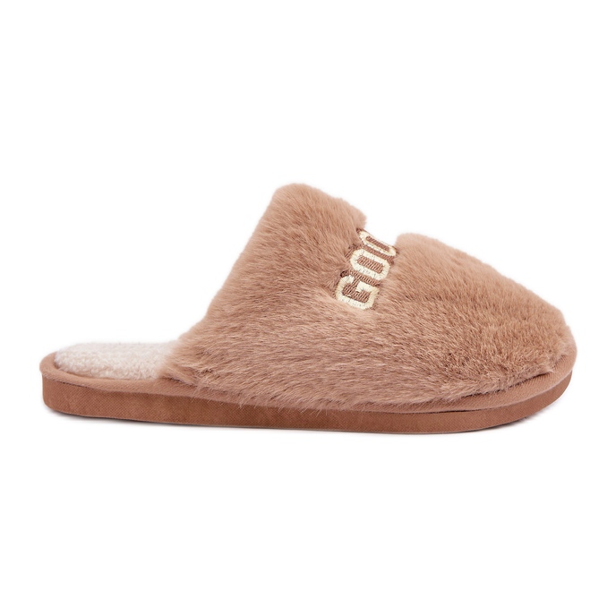 Chaussons pour femmes avec fourrure et inscription beige Chaussons pour femmes avec fourrure et inscription beige