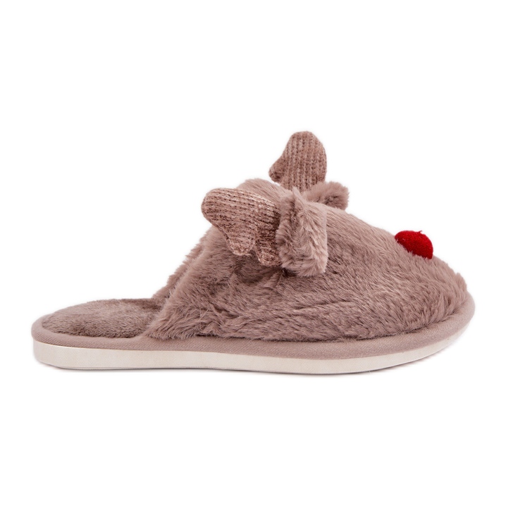 Chaussons Femme Fourrure Motif Renne Beige Foncé