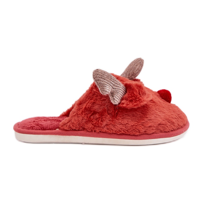 Chaussons Femme Fourrure Motif Renne, Corail rouge
