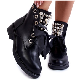Ideal Bottes chaudes pour femmes avec perles et ruban le noir