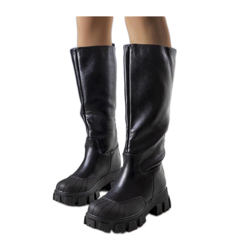 Boots femme noires à semelle épaisse, cuissardes en cuir, Vasin - Solea le noir