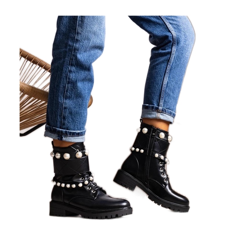 Solea Bottines noires à lacets pour femme avec perles le noir