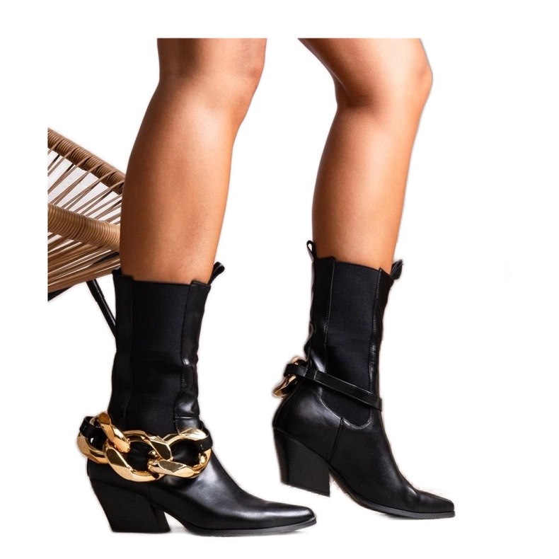 Bottes de cowboy noires à enfiler avec chaîne le noir Bottes de cowboy noires à enfiler avec chaîne le noir