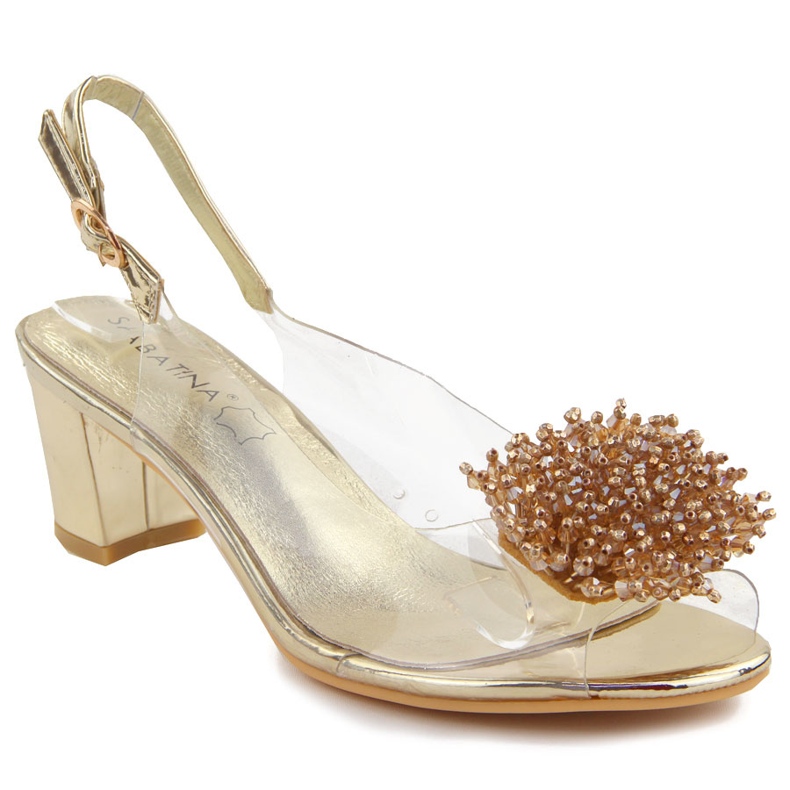 Sabatina Sandales femme transparentes à talons et perles dorées d'or