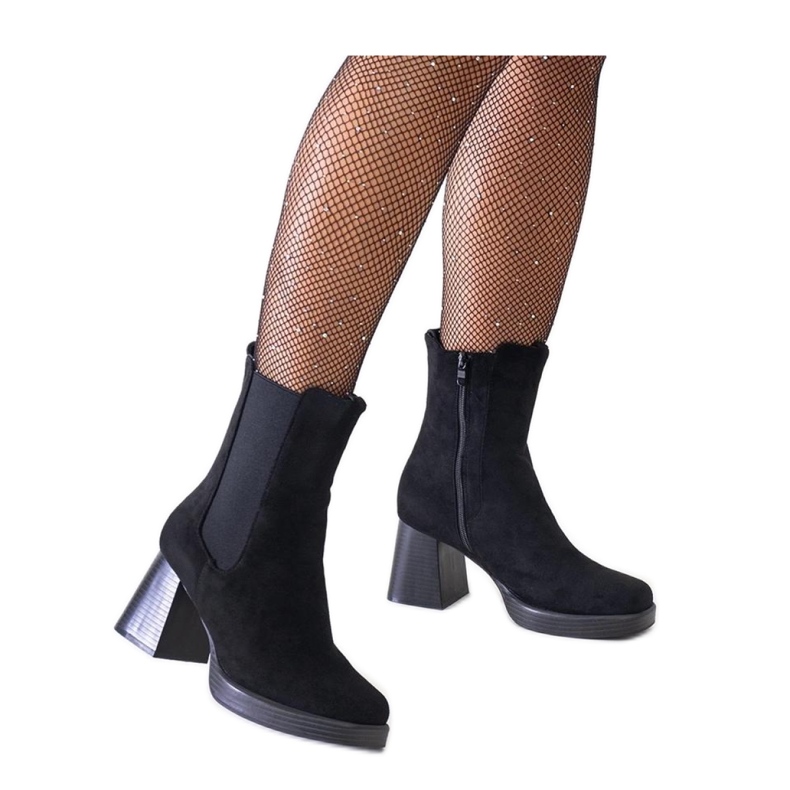 Boots noires à bout carré sur talon, éco-daim Hesca - Solea le noir