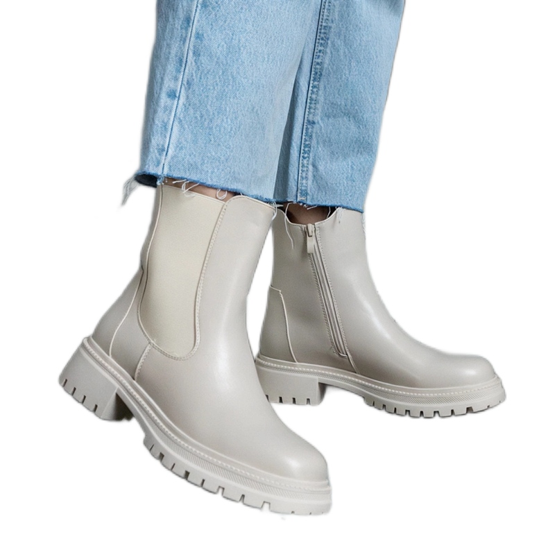 Bottines isolées beiges avec fermeture éclair, éco-cuir