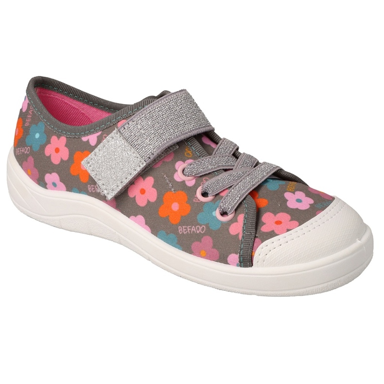 Chaussons enfant Befado avec velcro 351Y038, gris avec fleurs et fil argenté