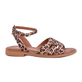 Zazoo Sandales en cuir féminines à talons plats Leopard Leopard Print 3688 Brown brun