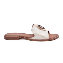 Lewski Shoes Les tongs en cuir avec des theets plats Lewski 3047 / O -Golden essuyés doré