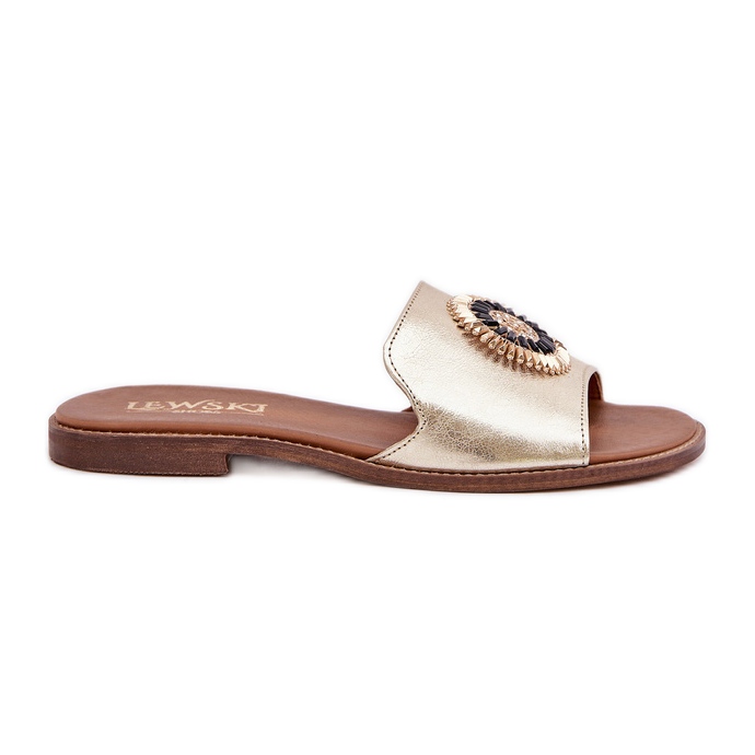 Lewski Shoes Les tongs en cuir avec des theets plats złote d'or Lewski Shoes Les tongs en cuir avec des theets plats złote d'or