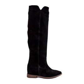 Zazoo 3407 Bottes de genou en daim féminin avec des talons plats le noir