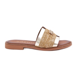 Les tongs en cuir avec un détail décoratif et une tresse Zazoo 40426 Zloty d'or Les tongs en cuir avec un détail décoratif et une tresse Zazoo 40426 Zloty d'or