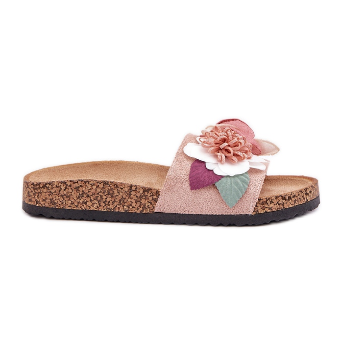 Les tongs pour femmes avec des fleurs sur une plate-forme en liège rose