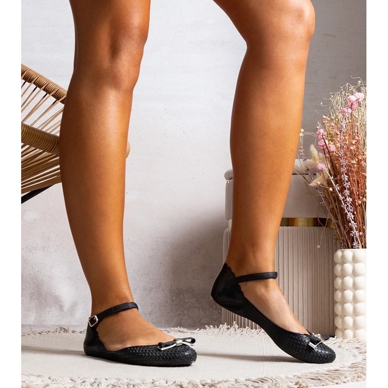 D/GMR Ballerines noires féminines en caoutchouc avec un arc et un fermoir le noir