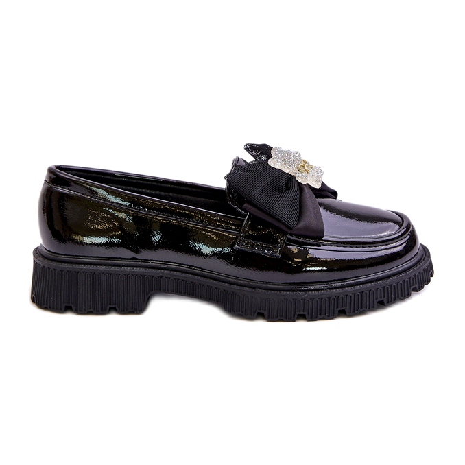 Mocasins des filles peintes avec un arc en cuir noir écologique le noir