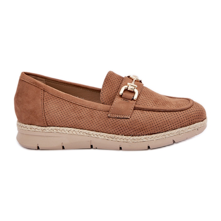 Mocassins ouverts avec un détail doré et une tresse brune en jute