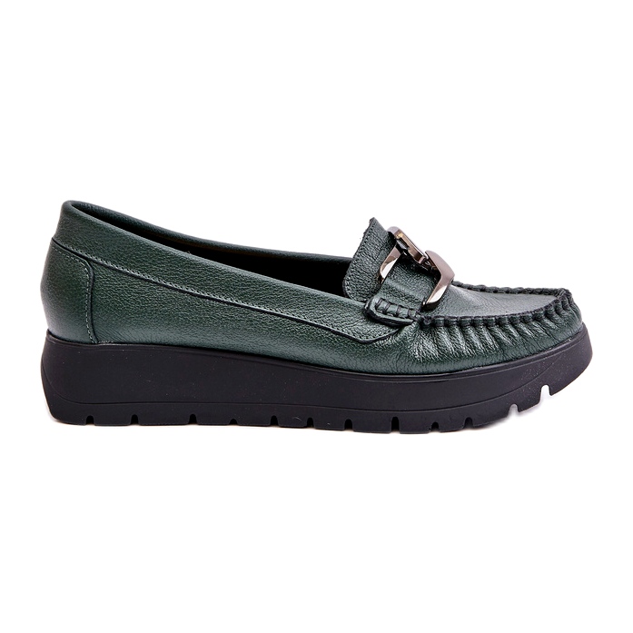 Zazoo 10141 Mocassins en cuir sur plateforme avec décoration, vert foncé