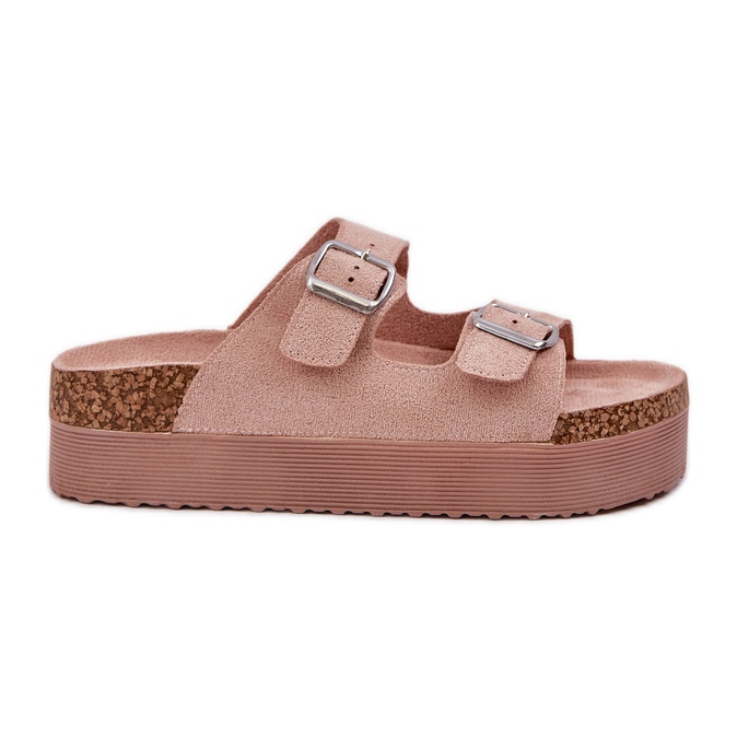 Slippers pour femmes sur une plate-forme massive avec des boucles roses Slippers pour femmes sur une plate-forme massive avec des boucles roses