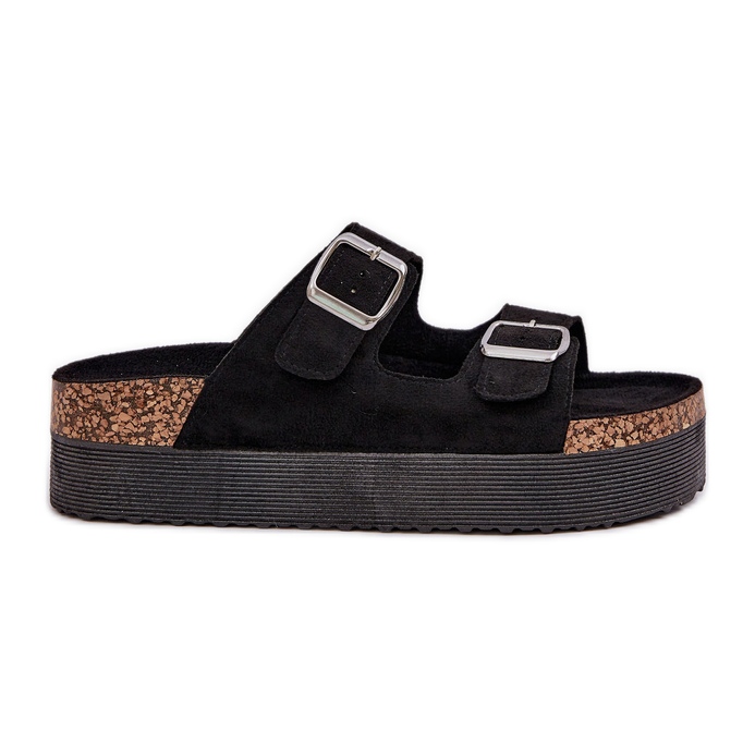 Slippers pour femmes sur une plate-forme massive avec des boucles noires le noir