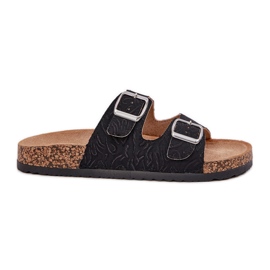 Les tongs de matériau sur une semelle en liège avec des pinces noires