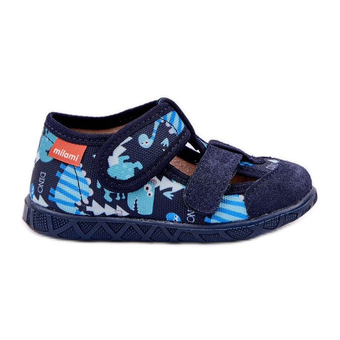 Slippers pour enfants pour velcro avec des dinosaures bleu marine