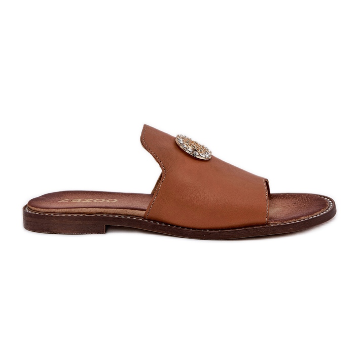 Les tongs pour femmes en cuir élégant avec décoration Zazoo 3008 Camel brun