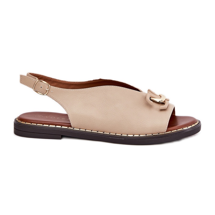 Sandales à thèmes plates avec un ornement de beige en cuir écologique