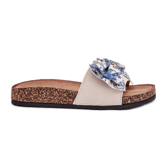 Slippers pour femmes avec un arc sur la plate-forme en liège bleu beige