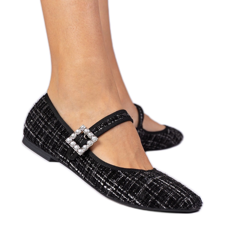 Ballerinas pour femmes noires avec une boucle et des cristaux le noir