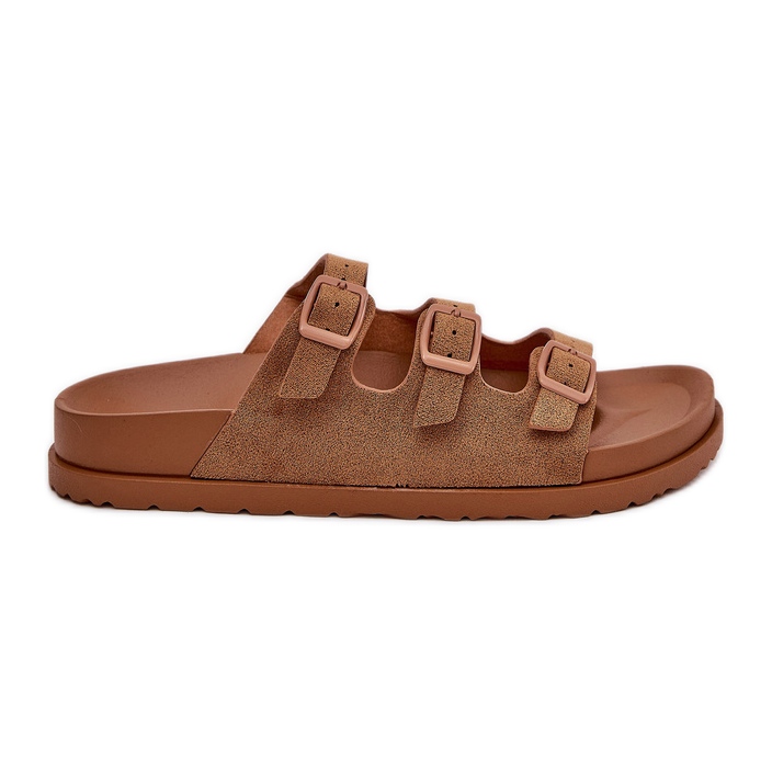 Slippers pour femmes avec rayures et boucles de chameau brun