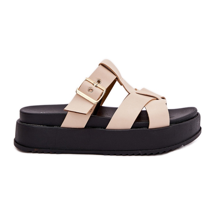 Les tongs pour femmes sur la plate-forme avec des rayures et une pince beige