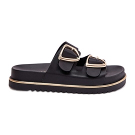 Les tongs pour femmes sur la plate-forme avec des pinces dorées noires