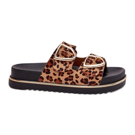 Slippers pour femmes avec imprimé léopard sur la plate-forme avec des pinces dorées brunes