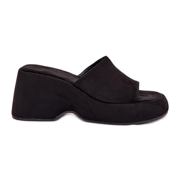 Éco daim des pantoufles féminines sur la plate-forme et des cales noires le noir