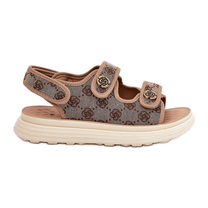 Sandales de matériaux à motifs féminins avec des détails dorés kaki beige