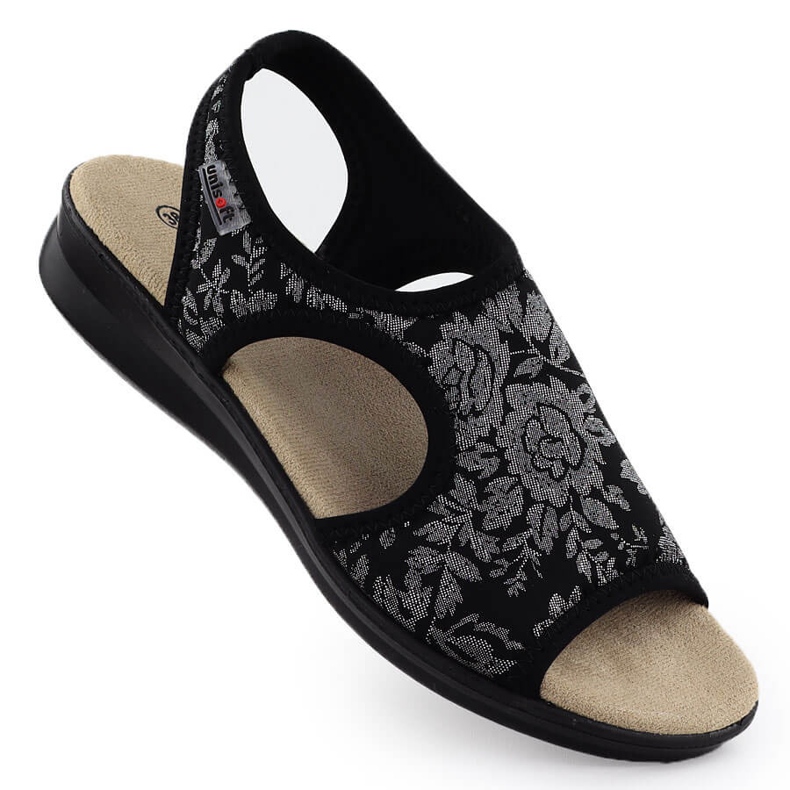 Sandales féminines sur une éruption cutanée flexible avec des fleurs noires unisoft 7196 le noir