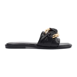 Les tongs plats des femmes noires avec une décoration dorée le noir