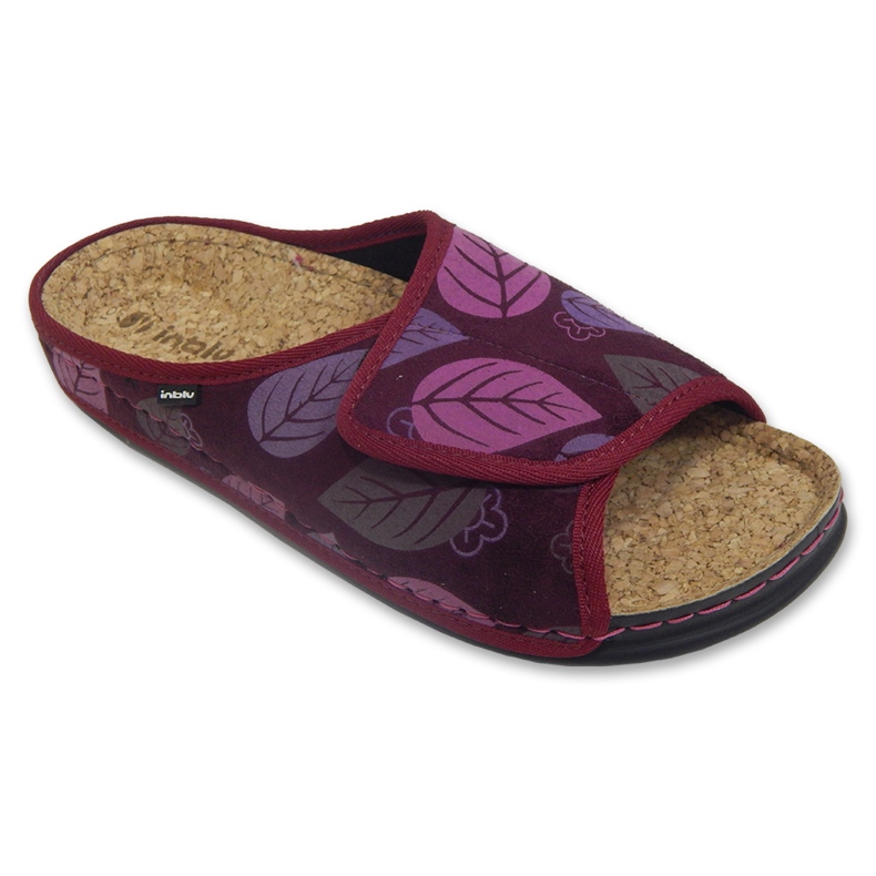 Chaussons femme Inblu avec insert en liège 155D158, bordeaux avec feuilles rouge
