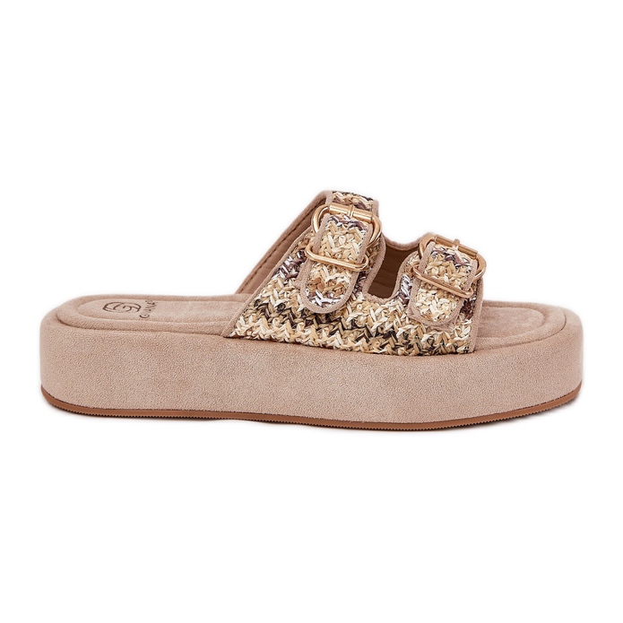 Slippers pour femmes sur la plate-forme avec boucles et tresse khaki beige