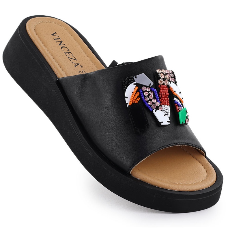 Les tongs en cuir féminin avec des perles de Vinceza 66623 noires le noir Les tongs en cuir féminin avec des perles de Vinceza 66623 noires le noir