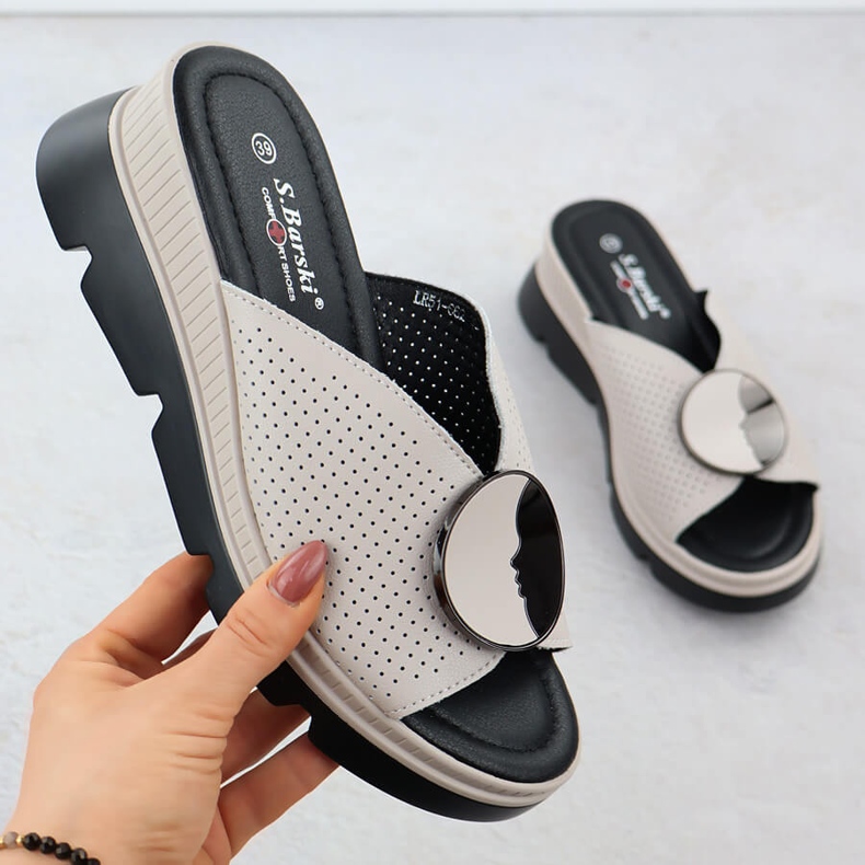 S.Barski Les tongs en cuir féminins OpenWork Beige S. Barski LR51-662