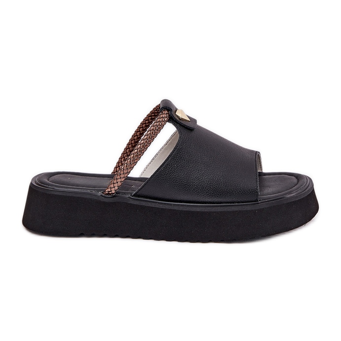 S.Barski Slippers en cuir pour femmes sur la plate-forme avec une ceinture décorative D&amp;A MK51-475 Black le noir